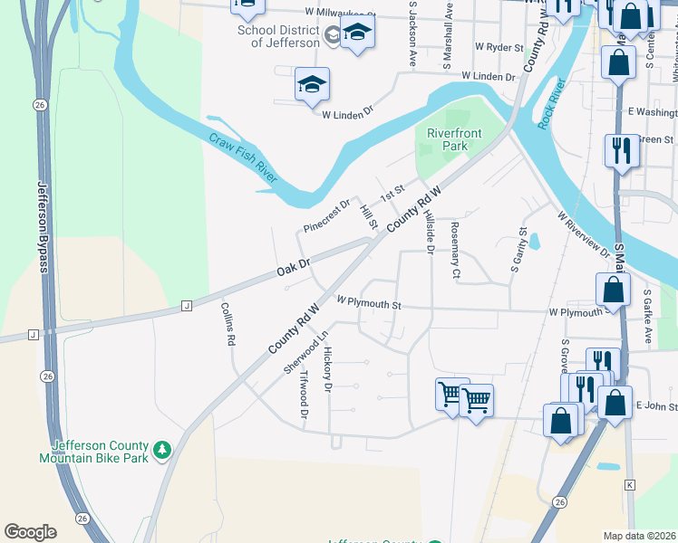 map of restaurants, bars, coffee shops, grocery stores, and more near 931 South Wisconsin Drive in Jefferson