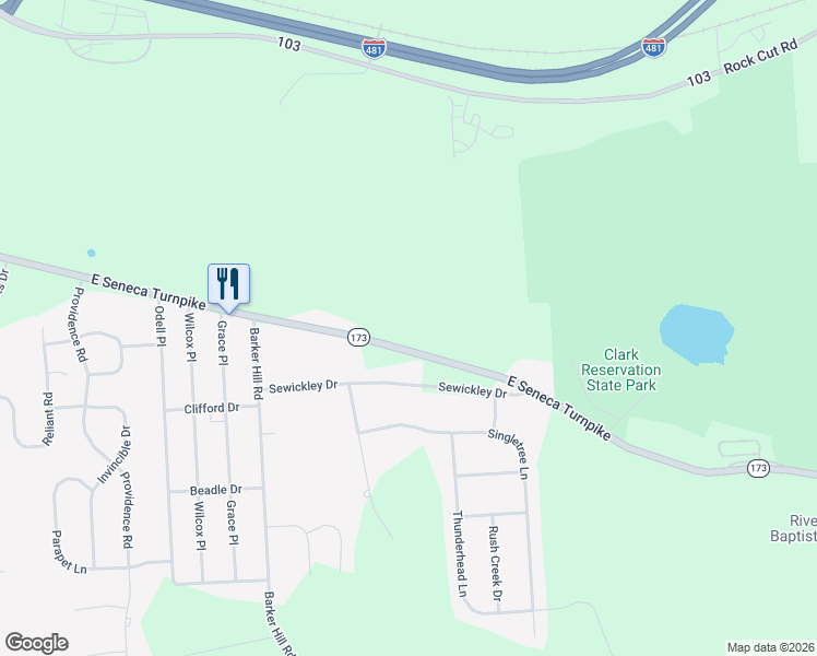 map of restaurants, bars, coffee shops, grocery stores, and more near 6033 East Seneca Turnpike in Jamesville