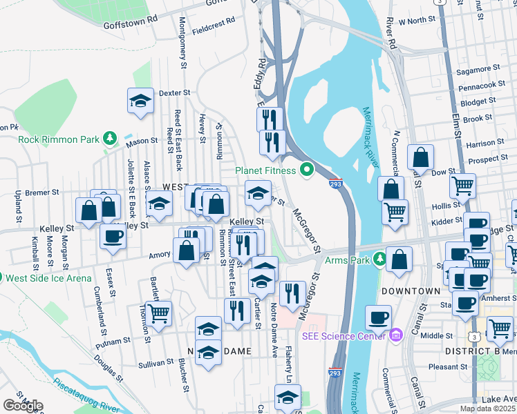 map of restaurants, bars, coffee shops, grocery stores, and more near 148 Coolidge Avenue in Manchester