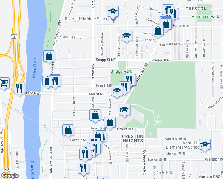 map of restaurants, bars, coffee shops, grocery stores, and more near 1814 Lafayette Avenue Northeast in Grand Rapids