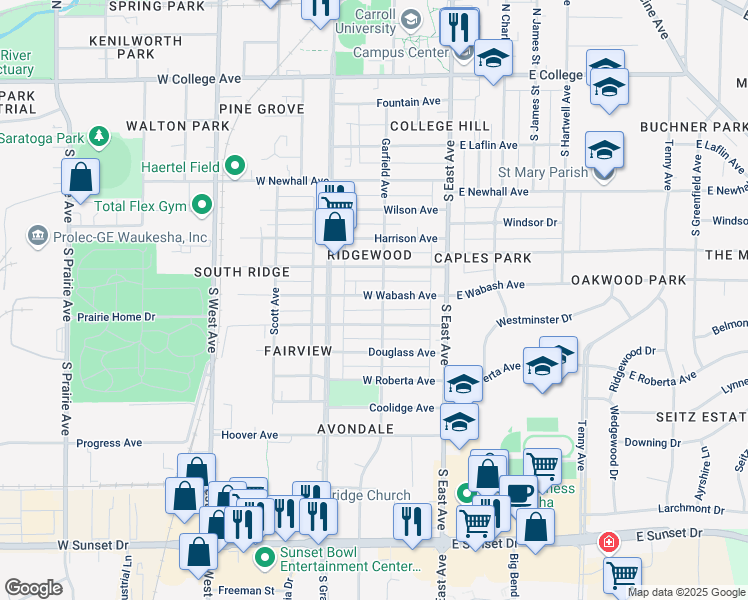 map of restaurants, bars, coffee shops, grocery stores, and more near 205 West Wabash Avenue in Waukesha