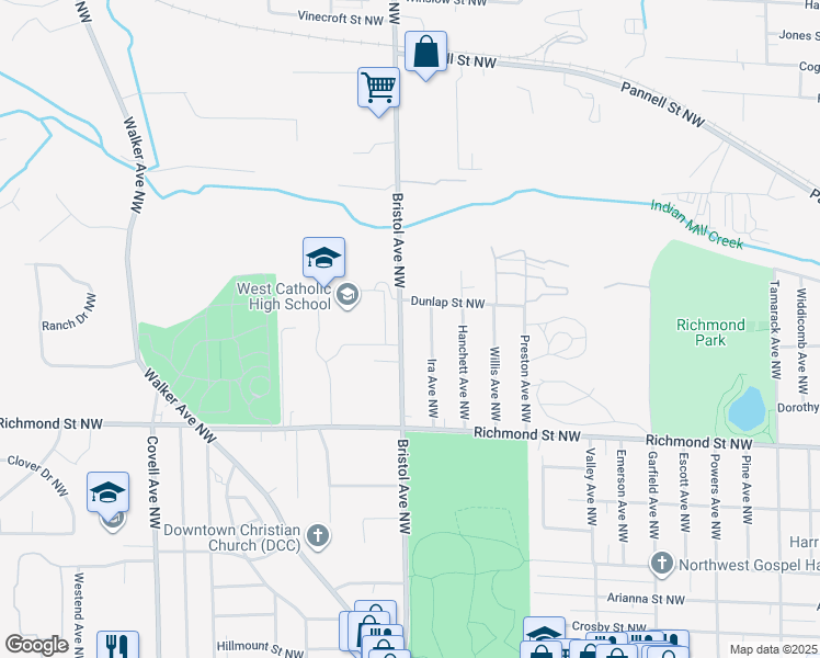 map of restaurants, bars, coffee shops, grocery stores, and more near 1733 Ira Avenue Northwest in Grand Rapids