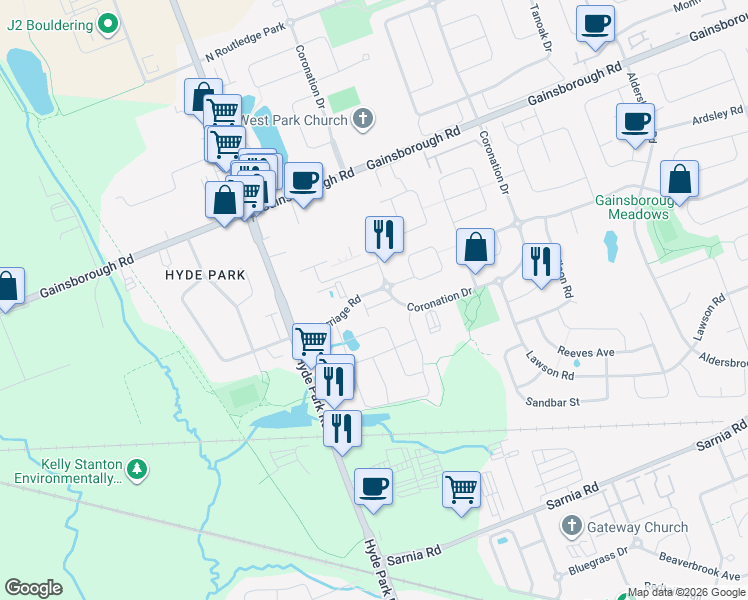 map of restaurants, bars, coffee shops, grocery stores, and more near 1144 Coronation Drive in London