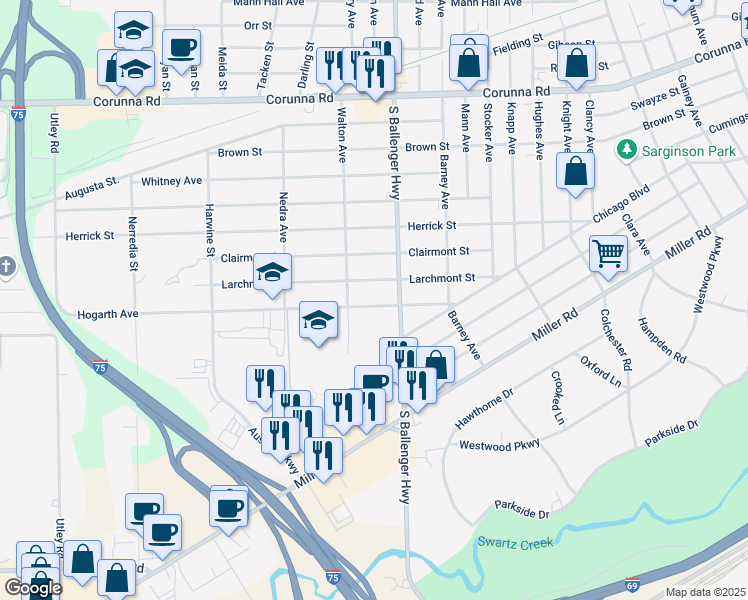 map of restaurants, bars, coffee shops, grocery stores, and more near 3622 Hogarth Avenue in Flint