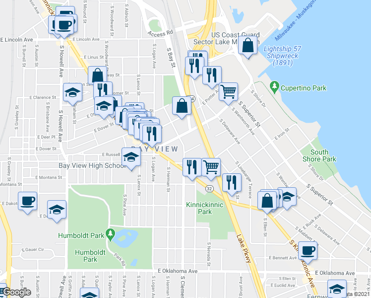 map of restaurants, bars, coffee shops, grocery stores, and more near 2670 South Clement Avenue in Milwaukee