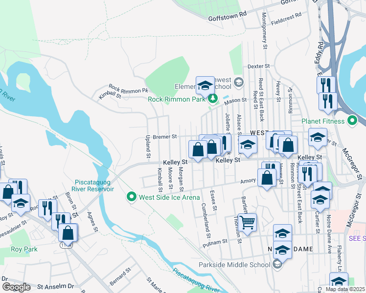 map of restaurants, bars, coffee shops, grocery stores, and more near 159 Morgan Street in Manchester