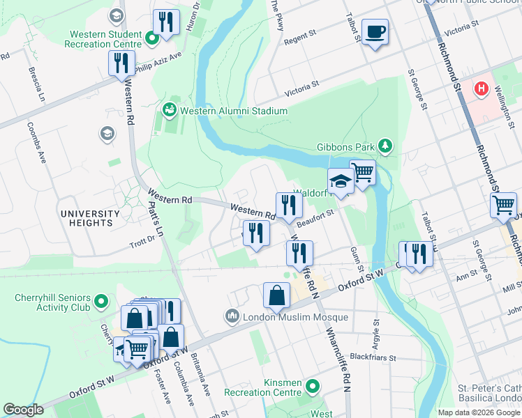 map of restaurants, bars, coffee shops, grocery stores, and more near 936 Western Road in London