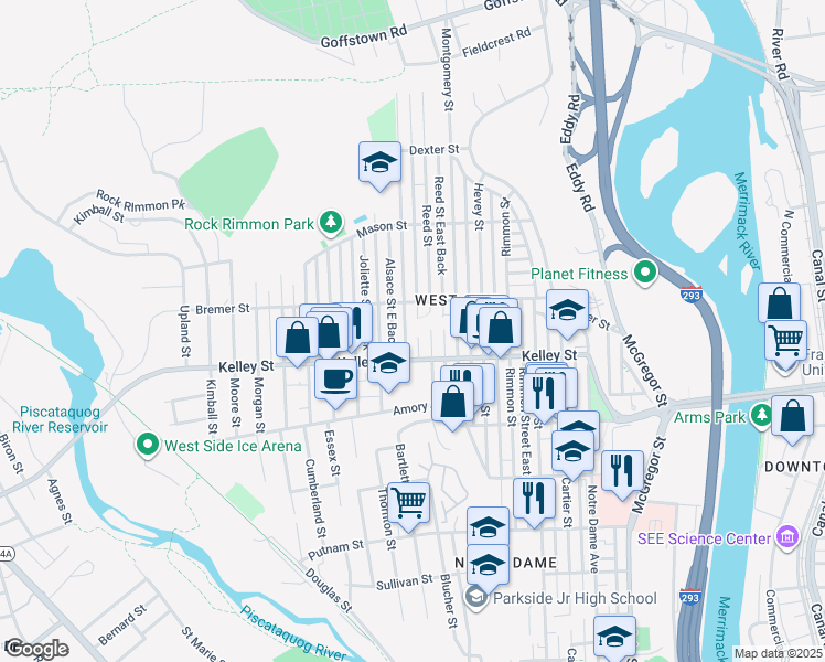 map of restaurants, bars, coffee shops, grocery stores, and more near 117 Youville Street in Manchester