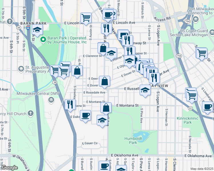 map of restaurants, bars, coffee shops, grocery stores, and more near 2632 South Howell Avenue in Milwaukee