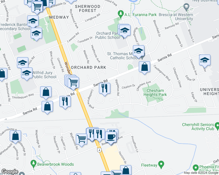 map of restaurants, bars, coffee shops, grocery stores, and more near 27 Paperbirch Crescent in London