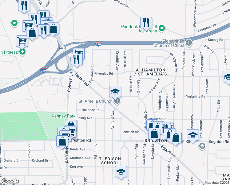 map of restaurants, bars, coffee shops, grocery stores, and more near 14 Cresthill Ave in Tonawanda