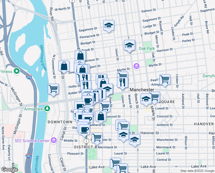 map of restaurants, bars, coffee shops, grocery stores, and more near 114 Pearl St in Manchester