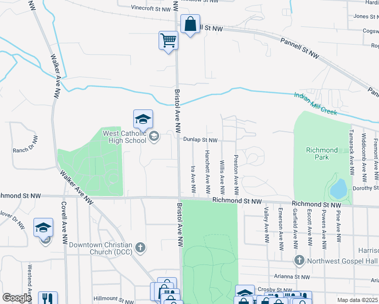 map of restaurants, bars, coffee shops, grocery stores, and more near 1733 Ira Avenue Northwest in Grand Rapids