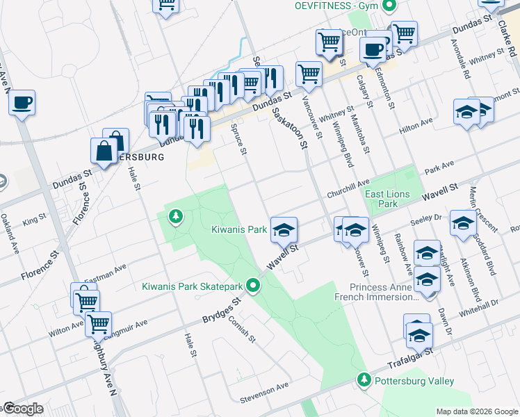 map of restaurants, bars, coffee shops, grocery stores, and more near 321 Spruce Street in London