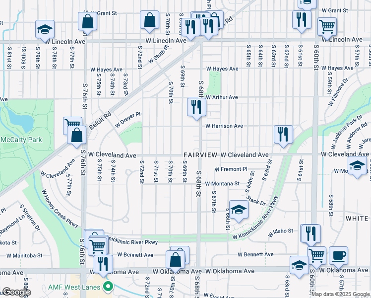 map of restaurants, bars, coffee shops, grocery stores, and more near 2662 South 69th Street in Milwaukee
