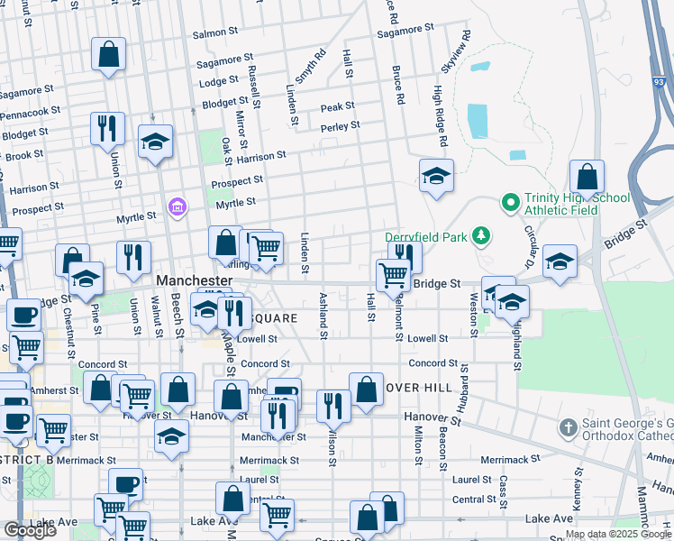 map of restaurants, bars, coffee shops, grocery stores, and more near 111 Arlington Street in Manchester