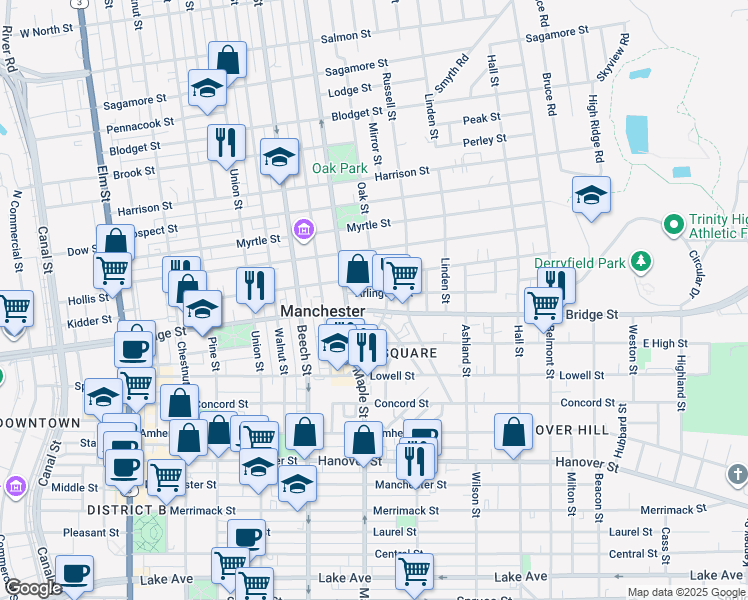 map of restaurants, bars, coffee shops, grocery stores, and more near 23 Arlington Street in Manchester