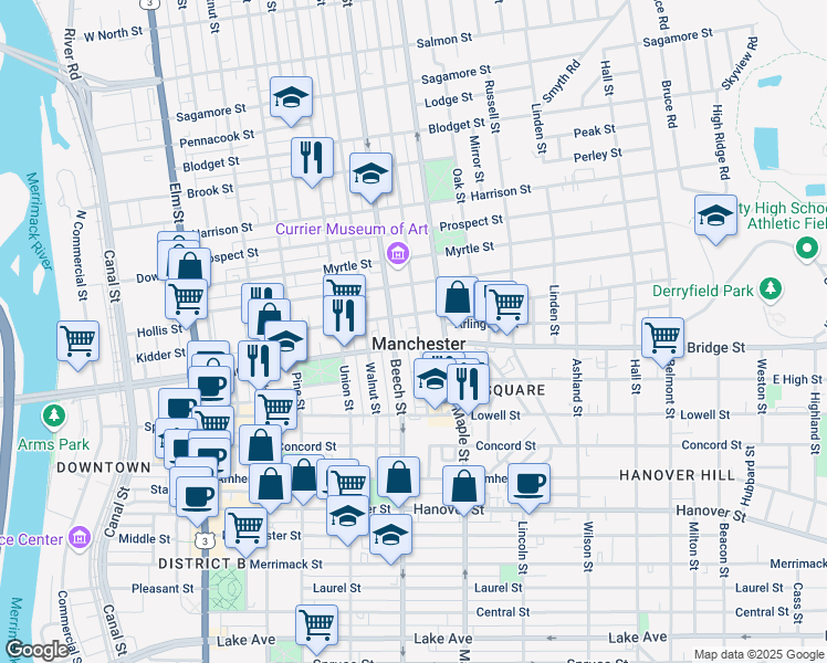 map of restaurants, bars, coffee shops, grocery stores, and more near in Manchester