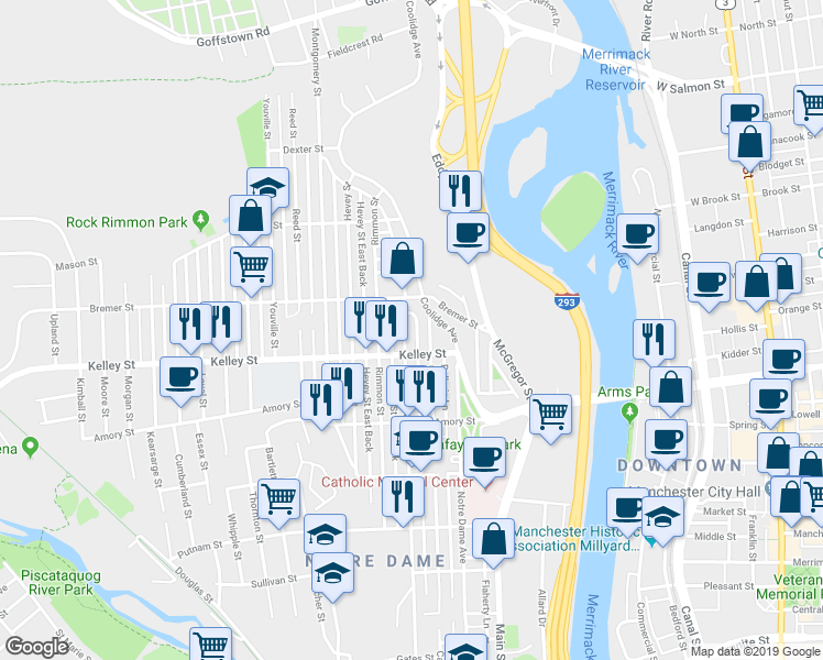 map of restaurants, bars, coffee shops, grocery stores, and more near 554 Dubuque Street in Manchester