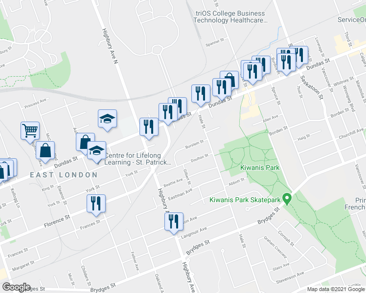 map of restaurants, bars, coffee shops, grocery stores, and more near 43 Burslem Street in London