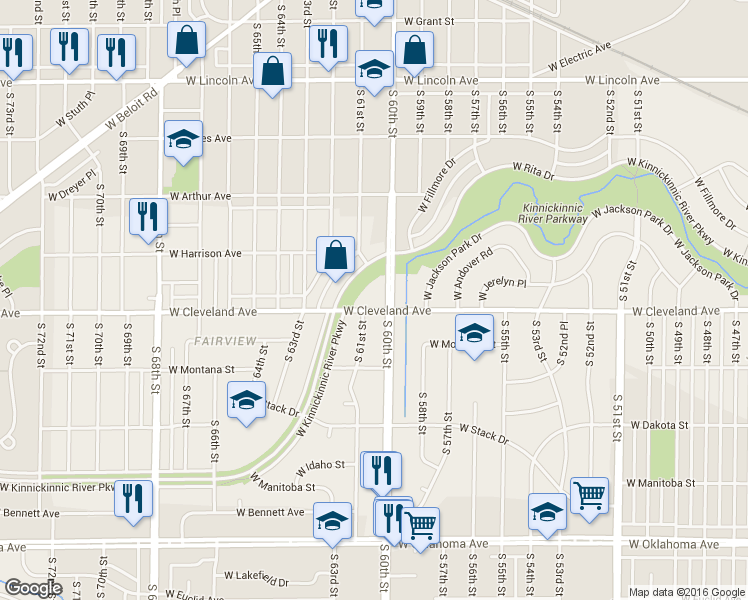 map of restaurants, bars, coffee shops, grocery stores, and more near 6012 West Cleveland Avenue in Milwaukee