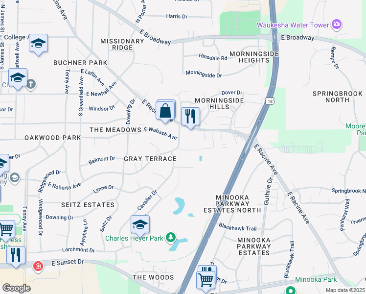 map of restaurants, bars, coffee shops, grocery stores, and more near 1515 East Roberta Avenue in Waukesha