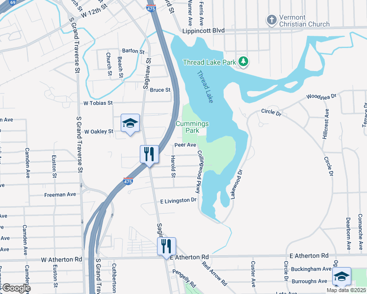 map of restaurants, bars, coffee shops, grocery stores, and more near 222 Peer Avenue in Flint