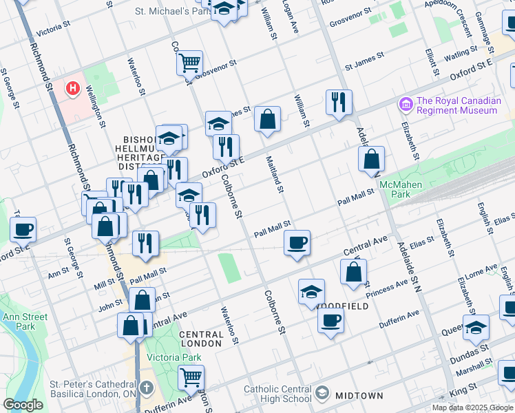 map of restaurants, bars, coffee shops, grocery stores, and more near 30 Regina Street in London