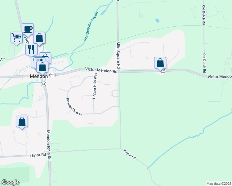 map of restaurants, bars, coffee shops, grocery stores, and more near 22 Woodridge Drive in Mendon