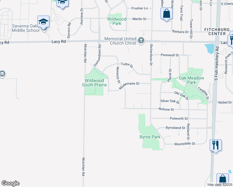 map of restaurants, bars, coffee shops, grocery stores, and more near 5753 Modernaire Street in Fitchburg