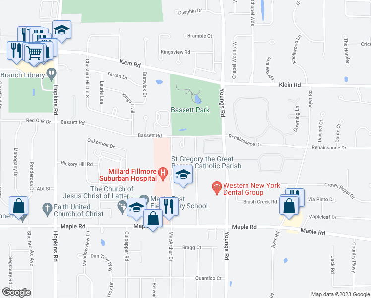 map of restaurants, bars, coffee shops, grocery stores, and more near 245 Bassett Road in Buffalo