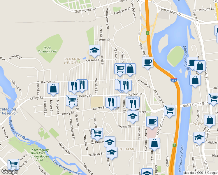 map of restaurants, bars, coffee shops, grocery stores, and more near 634 Montgomery Street in Manchester