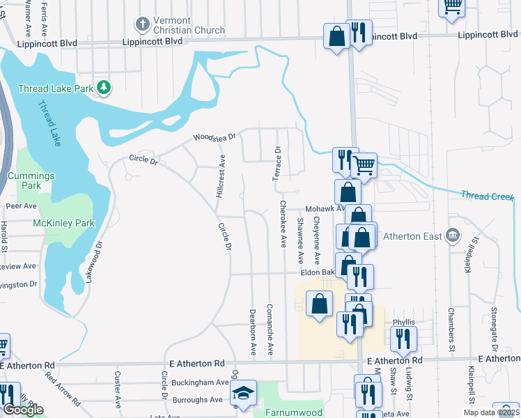 map of restaurants, bars, coffee shops, grocery stores, and more near 2829 Comanche Avenue in Flint