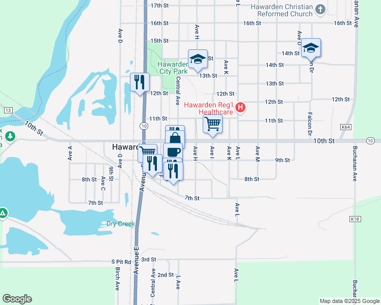 map of restaurants, bars, coffee shops, grocery stores, and more near 717 9th Street in Hawarden
