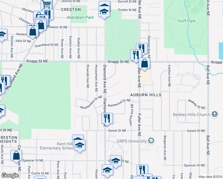 map of restaurants, bars, coffee shops, grocery stores, and more near 1020 Lockridge Drive Northeast in Grand Rapids