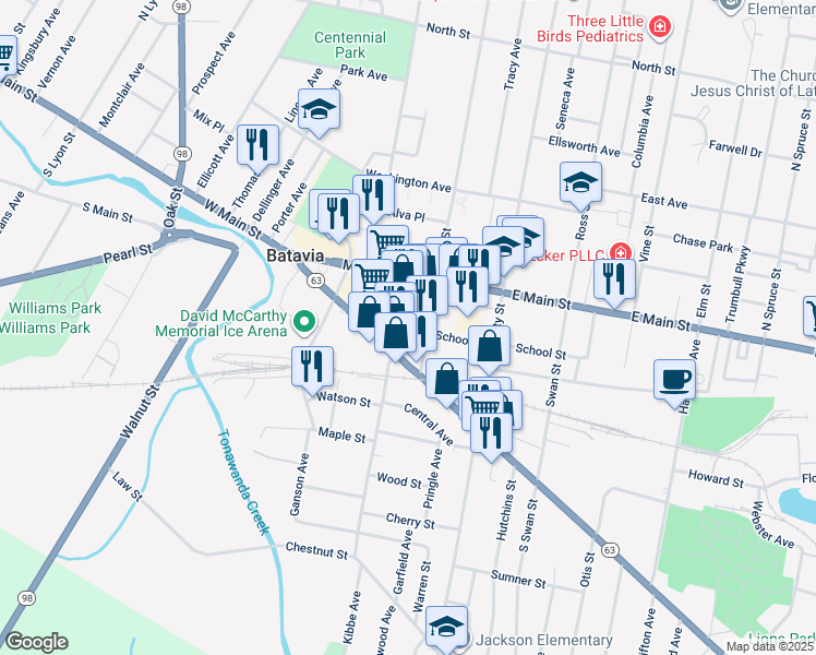 map of restaurants, bars, coffee shops, grocery stores, and more near 3 School Street in Batavia