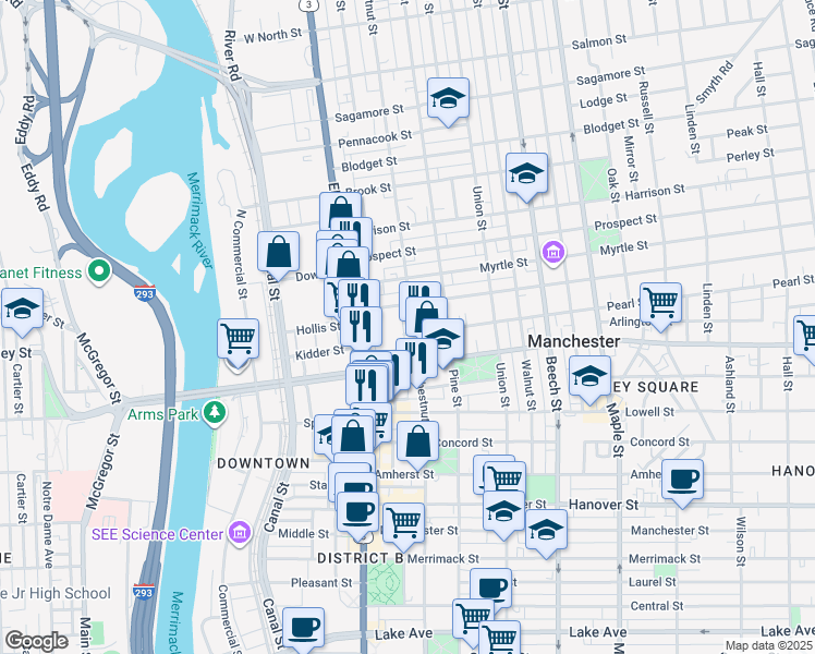 map of restaurants, bars, coffee shops, grocery stores, and more near 530 Chestnut Street in Manchester