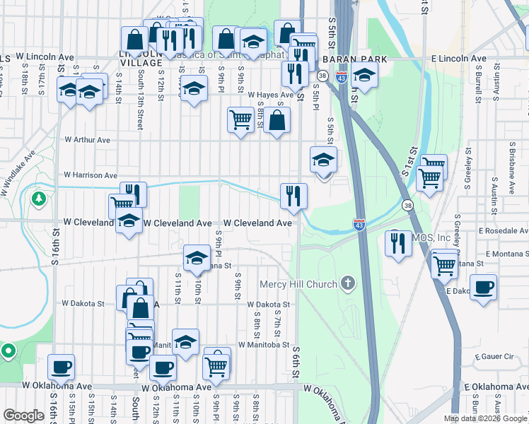map of restaurants, bars, coffee shops, grocery stores, and more near 2676 South 8th Street in Milwaukee