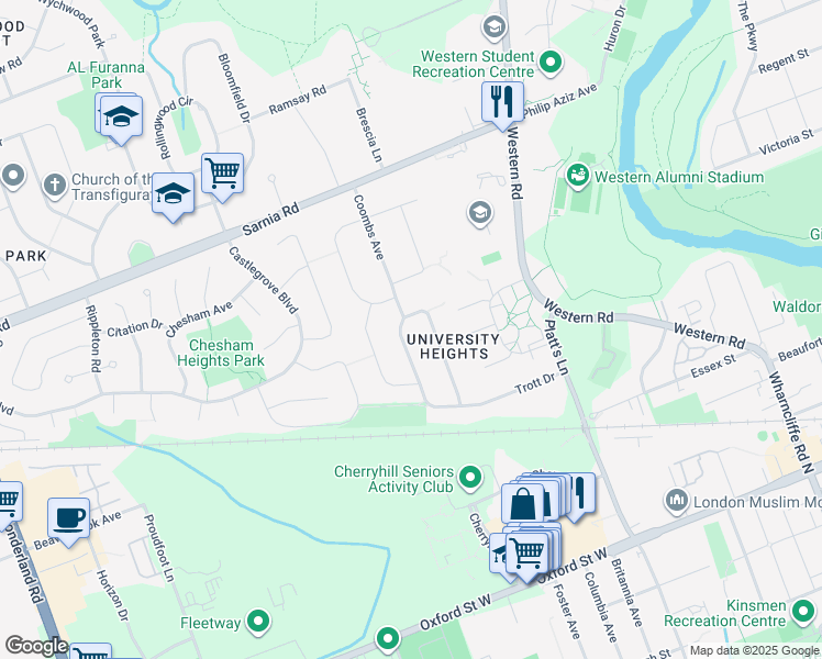 map of restaurants, bars, coffee shops, grocery stores, and more near 427 Coombs Avenue in London