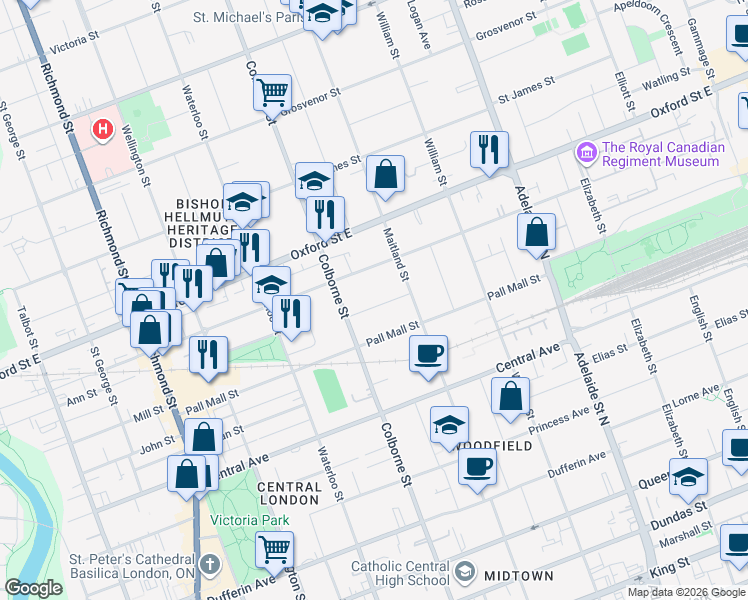 map of restaurants, bars, coffee shops, grocery stores, and more near 30 Regina Street in London