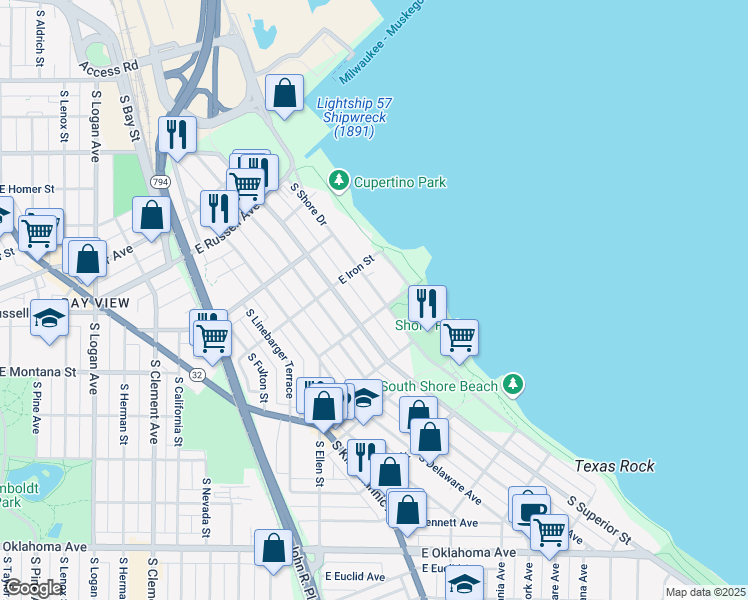 map of restaurants, bars, coffee shops, grocery stores, and more near 2739 South Shore Drive in Milwaukee