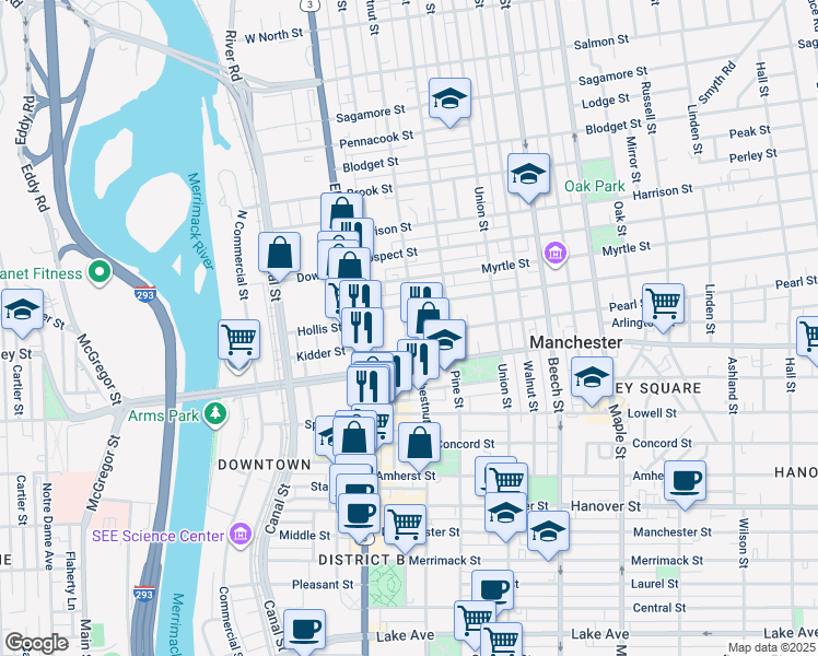 map of restaurants, bars, coffee shops, grocery stores, and more near 530 Chestnut Street in Manchester