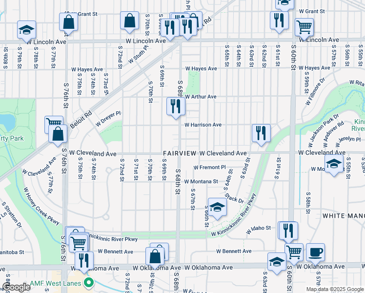 map of restaurants, bars, coffee shops, grocery stores, and more near 2664 South 68th Street in Milwaukee