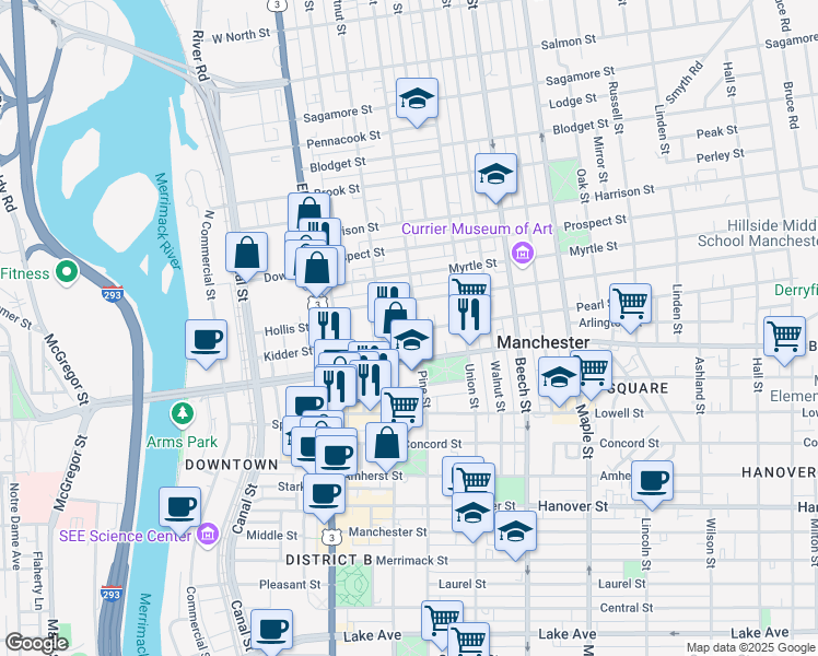 map of restaurants, bars, coffee shops, grocery stores, and more near 116 Pearl Street in Manchester
