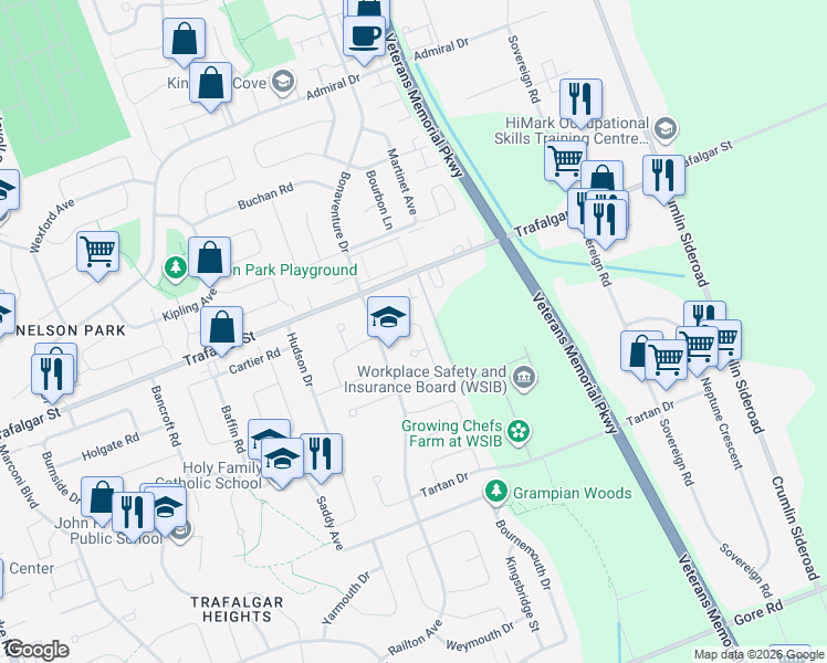 map of restaurants, bars, coffee shops, grocery stores, and more near 79 Sunrise Crescent in London