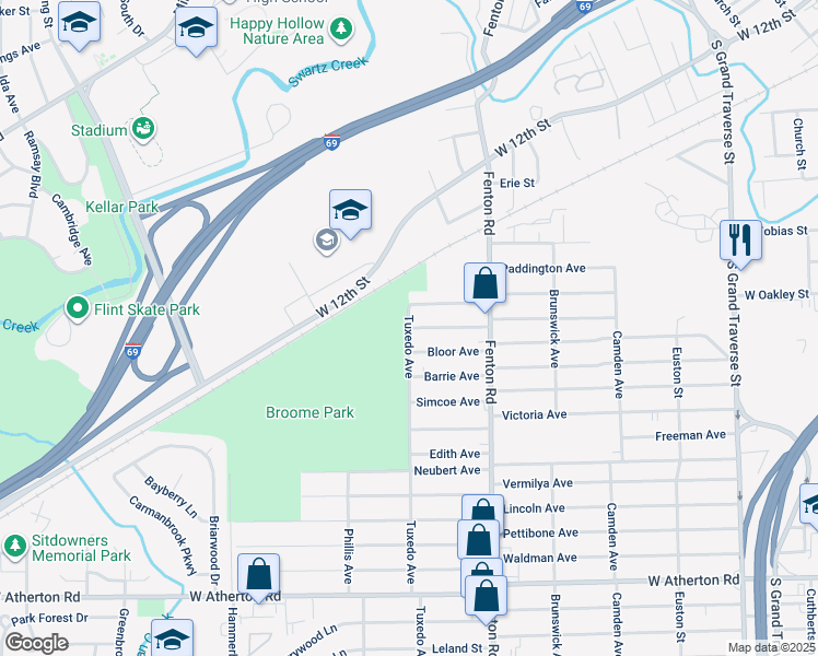 map of restaurants, bars, coffee shops, grocery stores, and more near 2699 Tuxedo Avenue in Flint