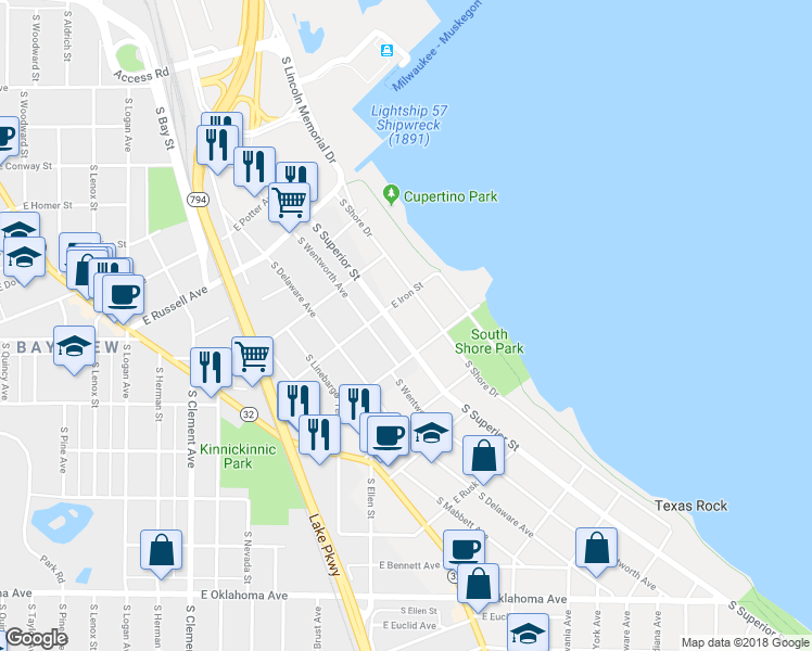 map of restaurants, bars, coffee shops, grocery stores, and more near 2722 South Superior Street in Milwaukee