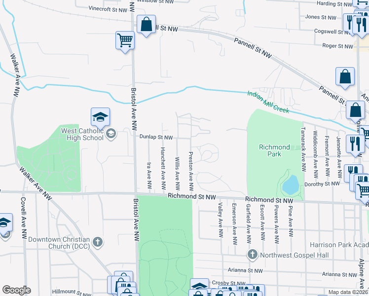 map of restaurants, bars, coffee shops, grocery stores, and more near 1750 Willis Avenue Northwest in Grand Rapids