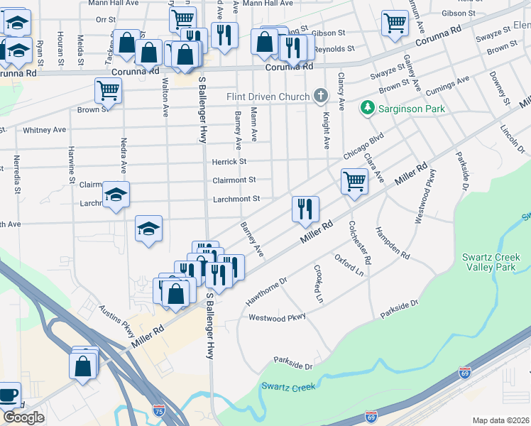 map of restaurants, bars, coffee shops, grocery stores, and more near 3213 Chicago Boulevard in Flint