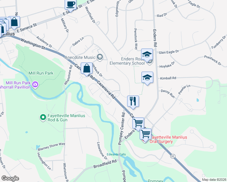 map of restaurants, bars, coffee shops, grocery stores, and more near 4600 Regiment Way in Manlius